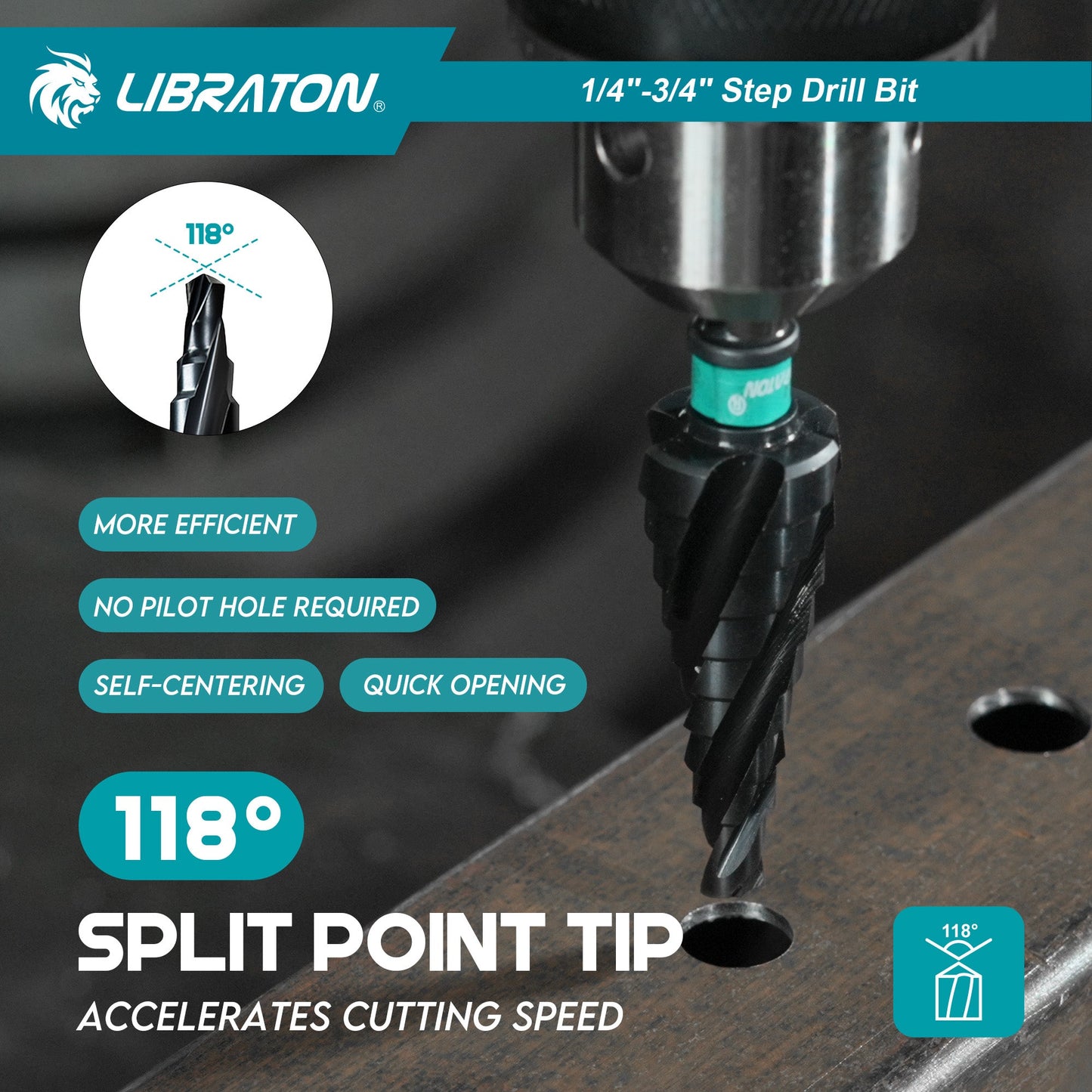 Libraton M35 Cobalt Step Drill Bit 1/4"-3/4", Four Spiral Flute Unibit