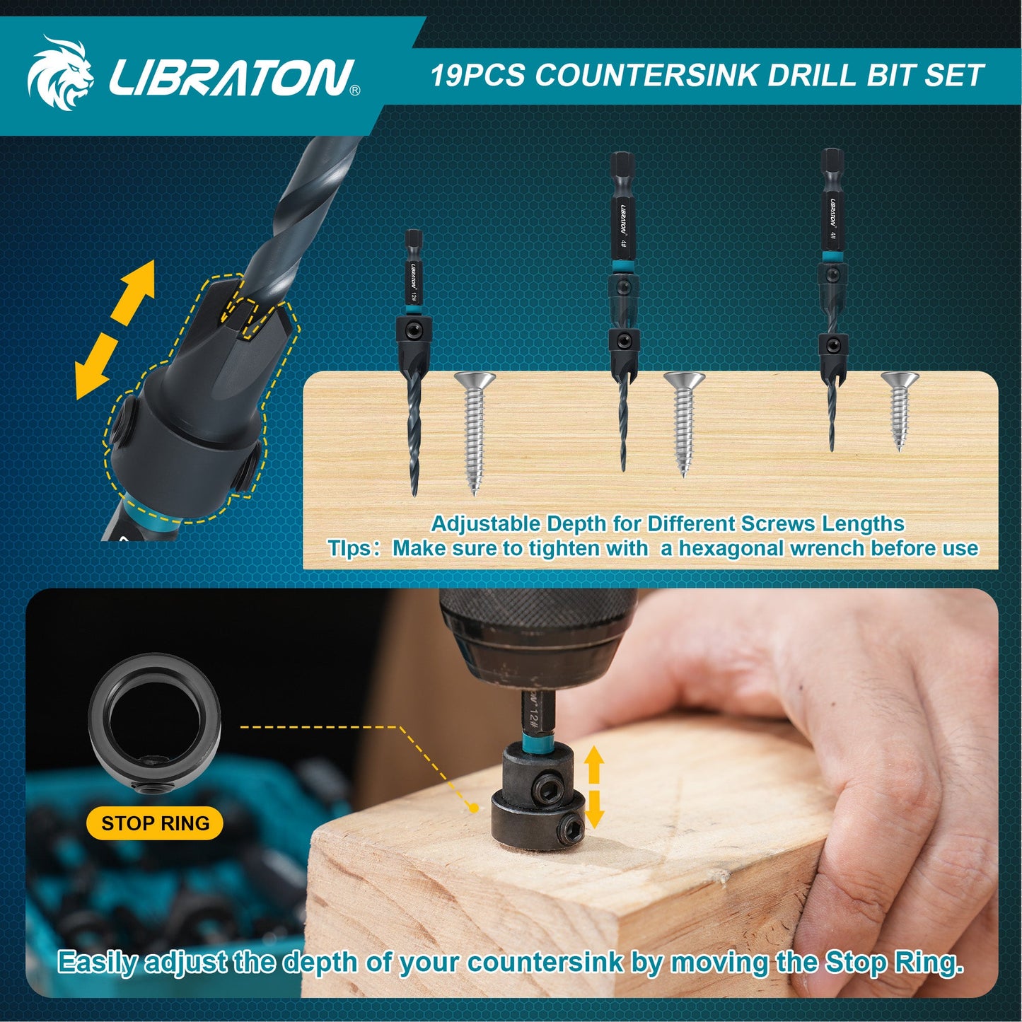 Libraton 19PCS Tapered Countersink Drill Bit Set for Woodworking