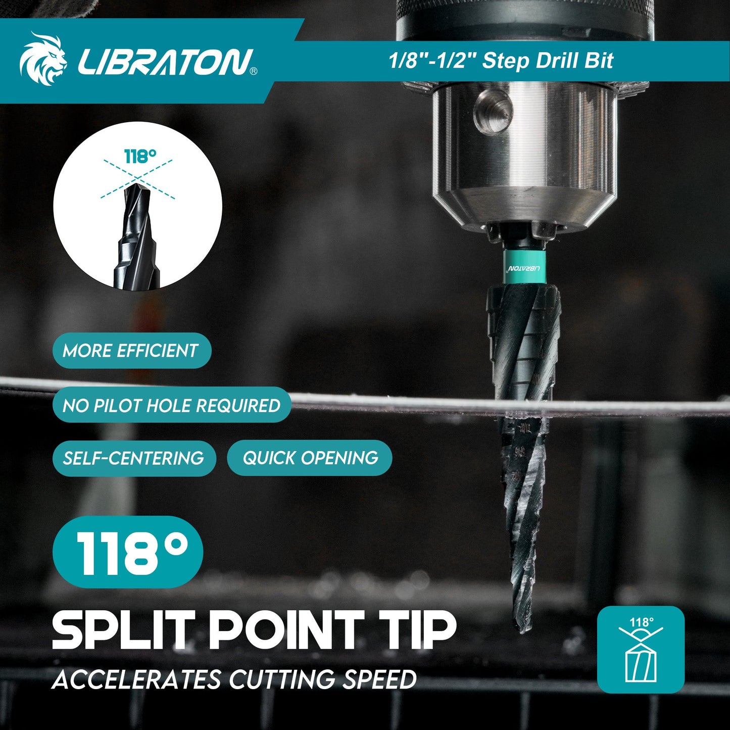 Libraton M35 Cobalt Step Drill Bit 1/8"-1/2", Four Spiral Flute Unibit