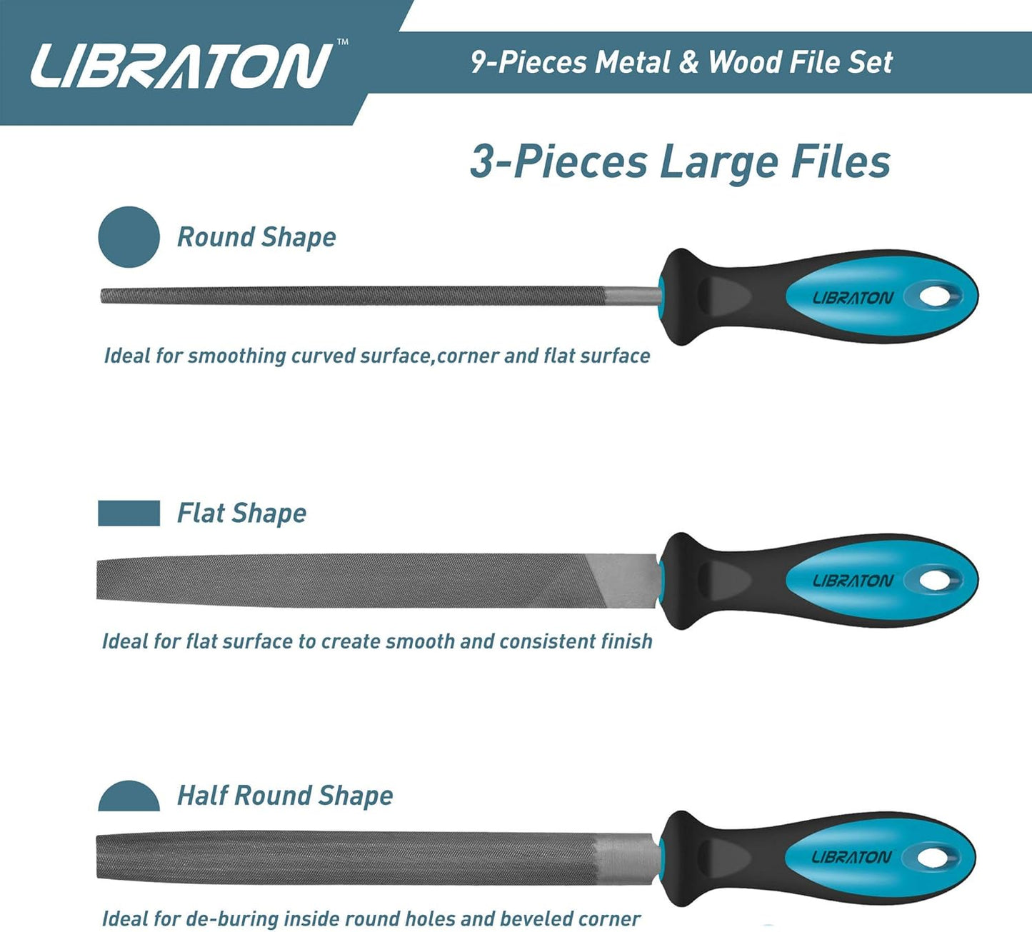 LIBRATON Metal Files - 9pc Set, Needle, Flat, Round, Half-Round Files for Metal & Woodworking