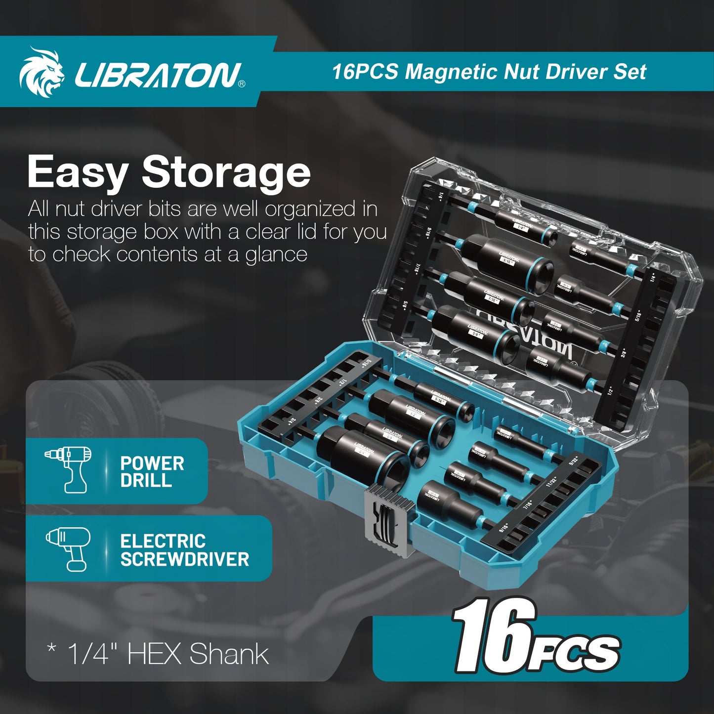 LIBRATON 16-Piece Magnetic Nut Driver Set, 1/4"-9/16" SAE&Metric, Car Repair Kit