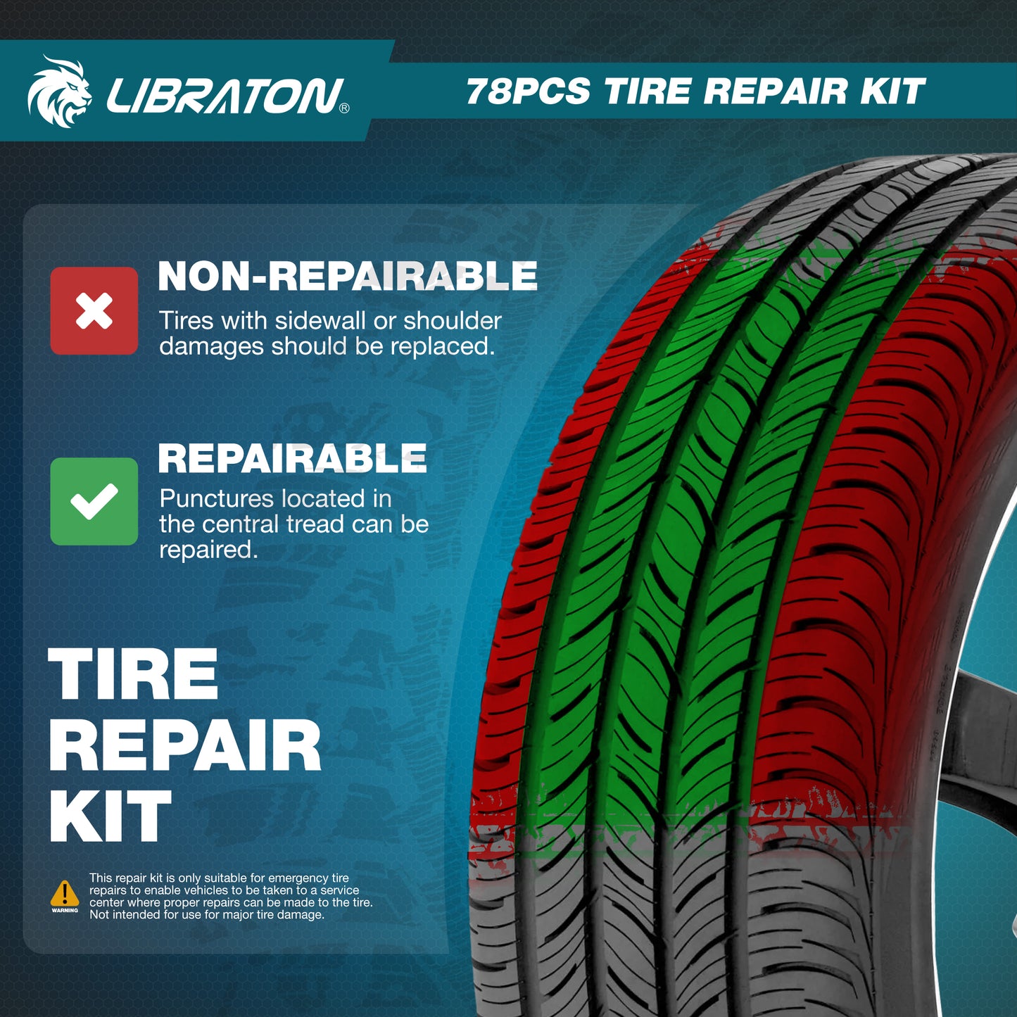 Libraton 78PCS Heavy-Duty Tire Repair Kit for Cars, Trucks, SUVs, ATVs & Motorcycles | Tubeless Tire Plug Kit