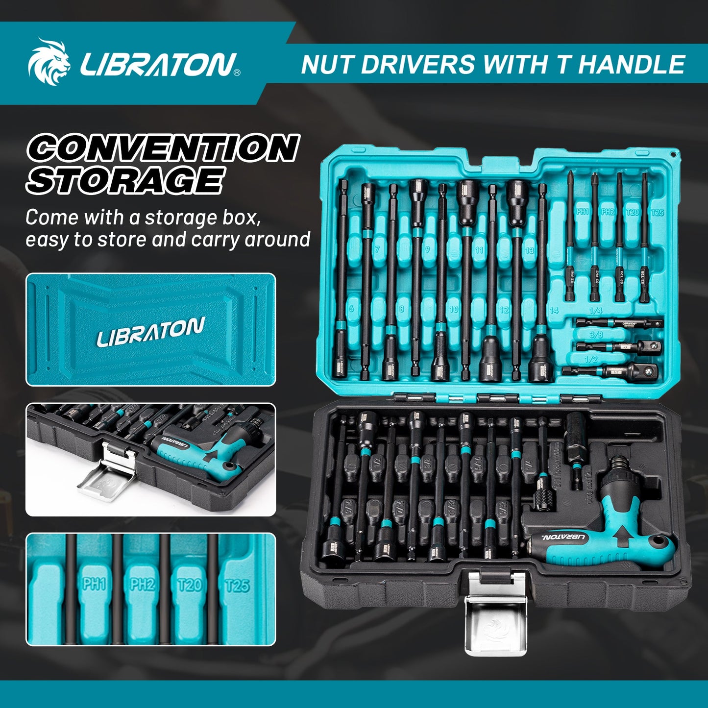 LIBRATON 27-Piece Magnetic Nut Driver Kit – SAE & Metric, Ratcheting T-Handle, Impact-Ready