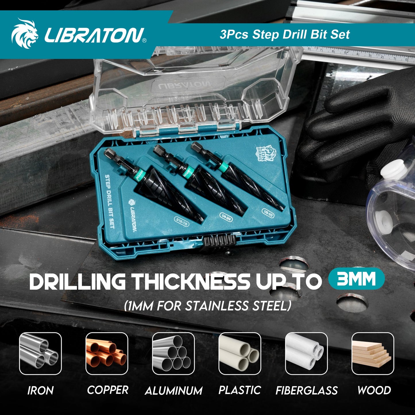 Libraton 3PCS M35 Cobalt Step Drill Bit Set with Four Spiral Flute, AlTiN Coated