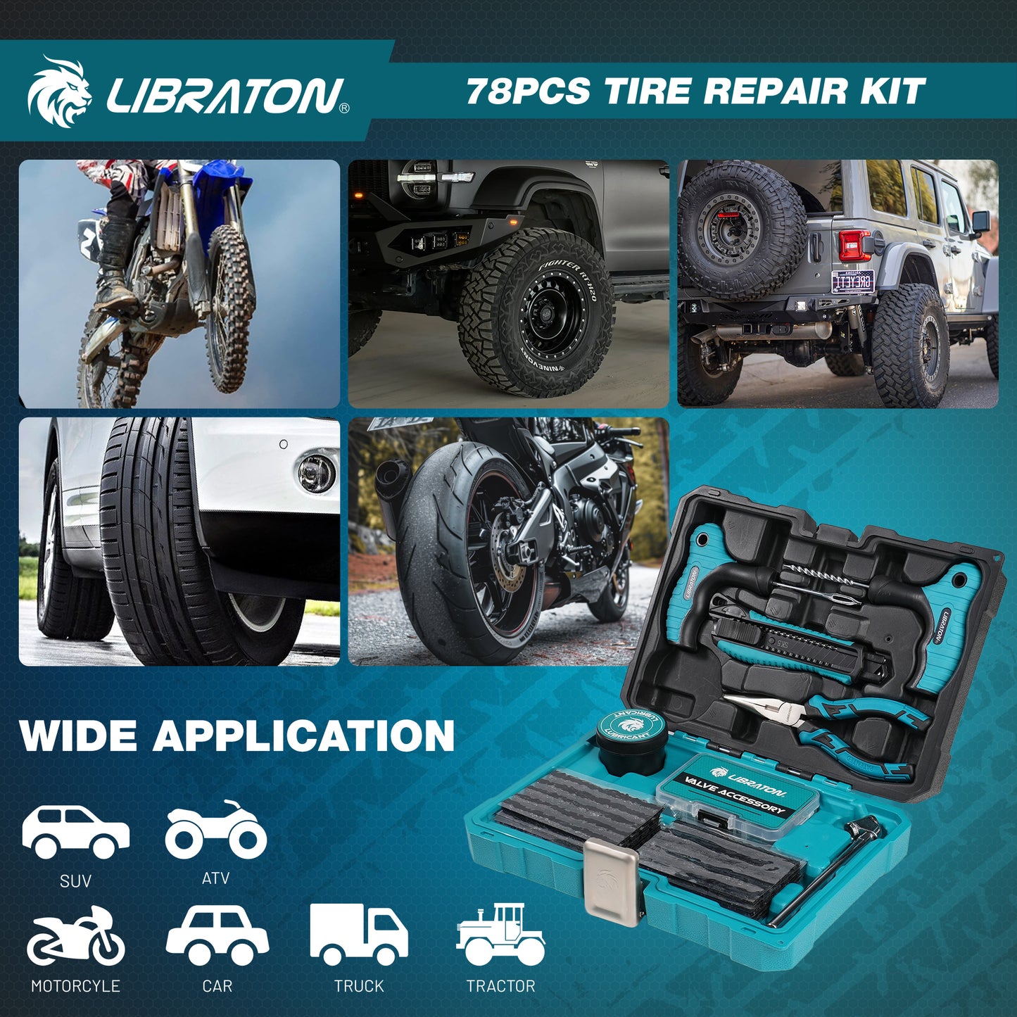 Libraton 78PCS Heavy-Duty Tire Repair Kit for Cars, Trucks, SUVs, ATVs & Motorcycles | Tubeless Tire Plug Kit