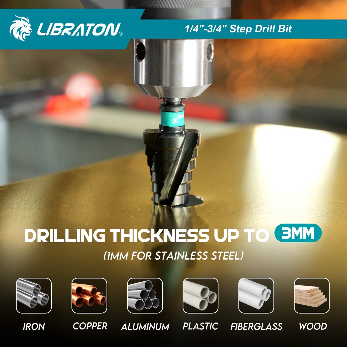 Libraton M35 Cobalt Step Drill Bit 1/4"-3/4", Four Spiral Flute Unibit