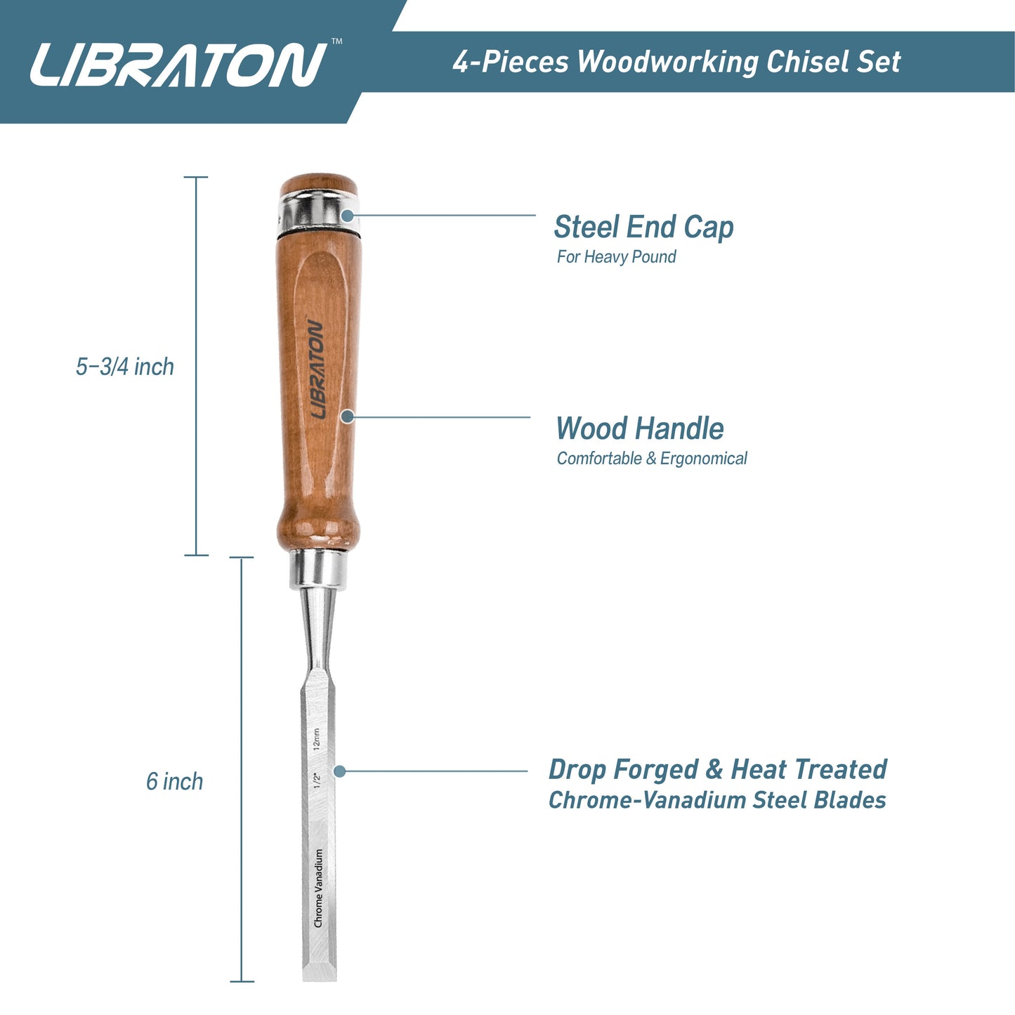 Libraton Chisel Set, 4PCS Wood Chisel Set with Bevel Edge and Ergonomic Handle for Woodworking, Wood Carving, and Sculpting