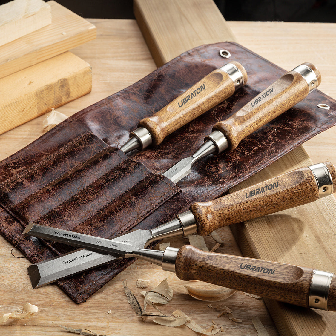 Libraton Chisel Set, 4PCS Wood Chisel Set with Bevel Edge and Ergonomic Handle for Woodworking, Wood Carving, and Sculpting